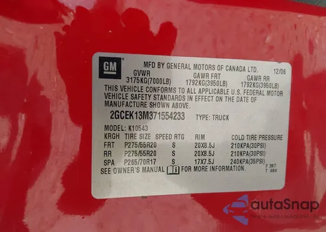 2007 Chevrolet Silverado 1500 Ltz z USA, uszkodzony, nr VIN 2GCEK13M371554233